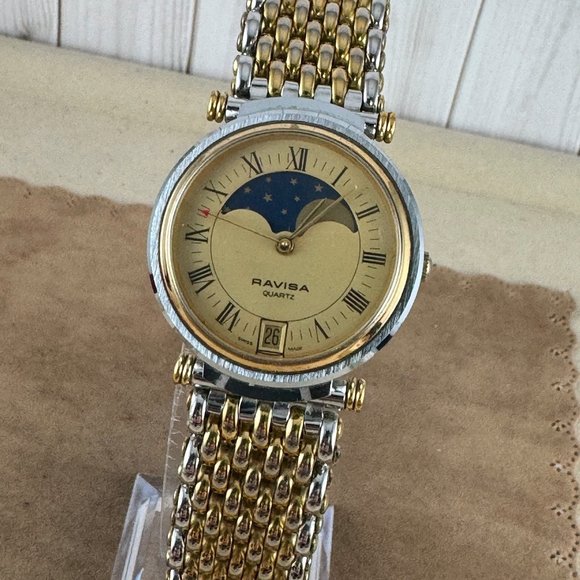 Classic Swiss Made Ravisa Quartz Moon Phase Champagne Dial 2 Tone Ladies Watch - Picture 2 of 12